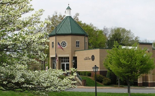 A dogwood tree blooms in front of Conover City Hall.