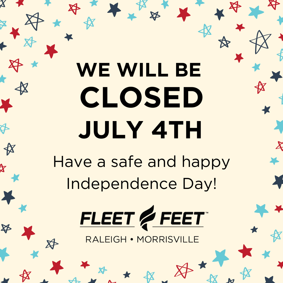 "We will be closed Sunday, July 4. We hope everyone has a safe an happy Independence Day!" On Cream background with r/w/b stars.