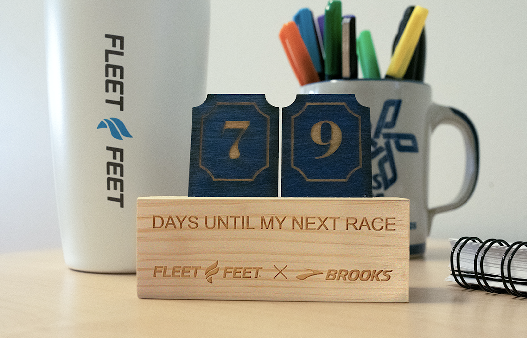 wooden race countdown block showing "79 days until my next race"