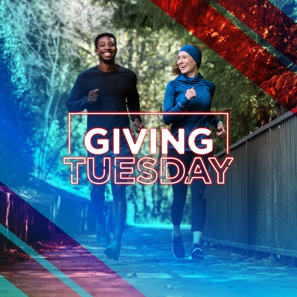 two people running, "Giving Tuesday" text overlay