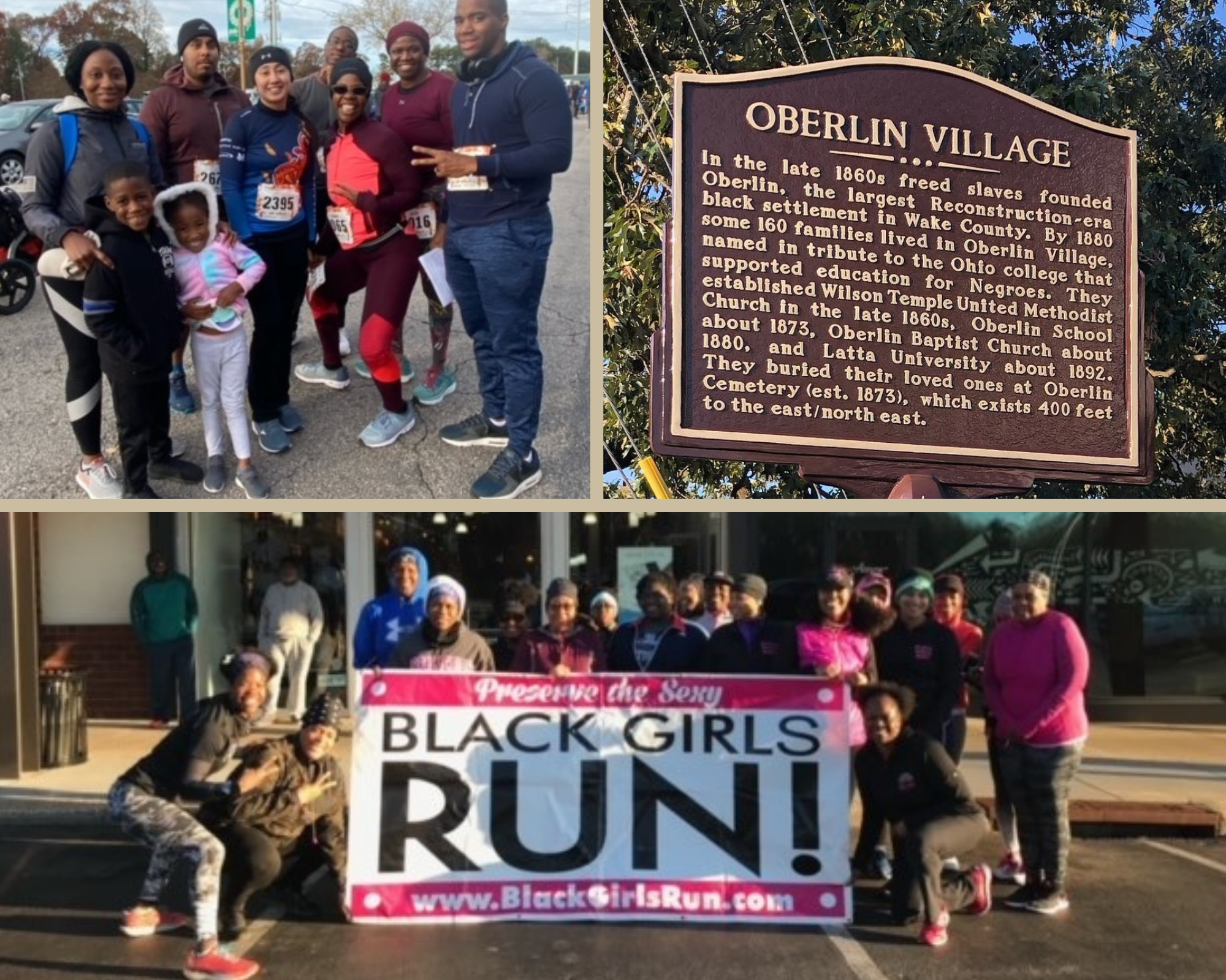 collage of photos: group of Black runners post-race; historical marker for Oberlin Village; group with "BLACK GIRLS RUN" banner