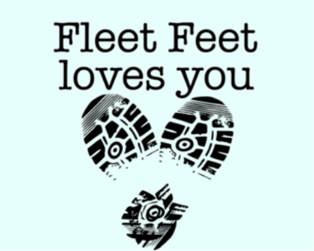 shoe prints making a heart shape with caption FLEET FEET LOVES YOU