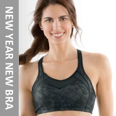 woman wearing a moving comfort brand sports bra with text that reads new year new bra
