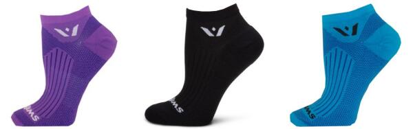 Swiftwick Aspire socks in purple, black, and blue