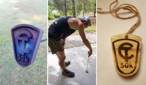 3 pictures, left to right: the medal brand, a runner branding his wooden medal, the finished medal