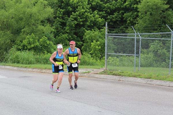 Susan finishing the Foothills Sprint with Shahin 