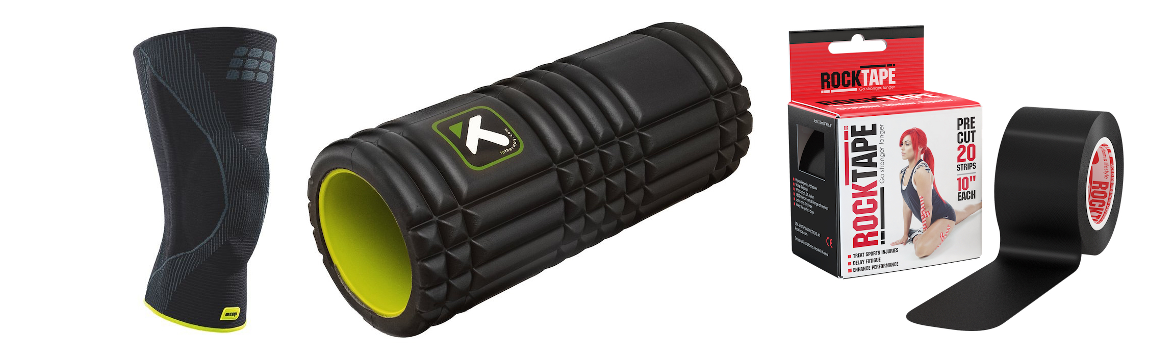 rock tape foam  roller and knee brace