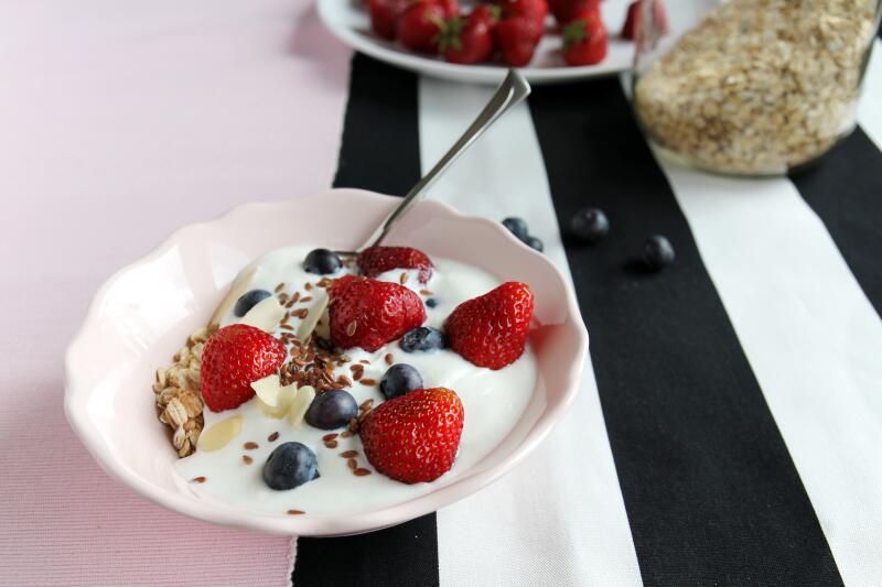plain yogurt with berries and seeds