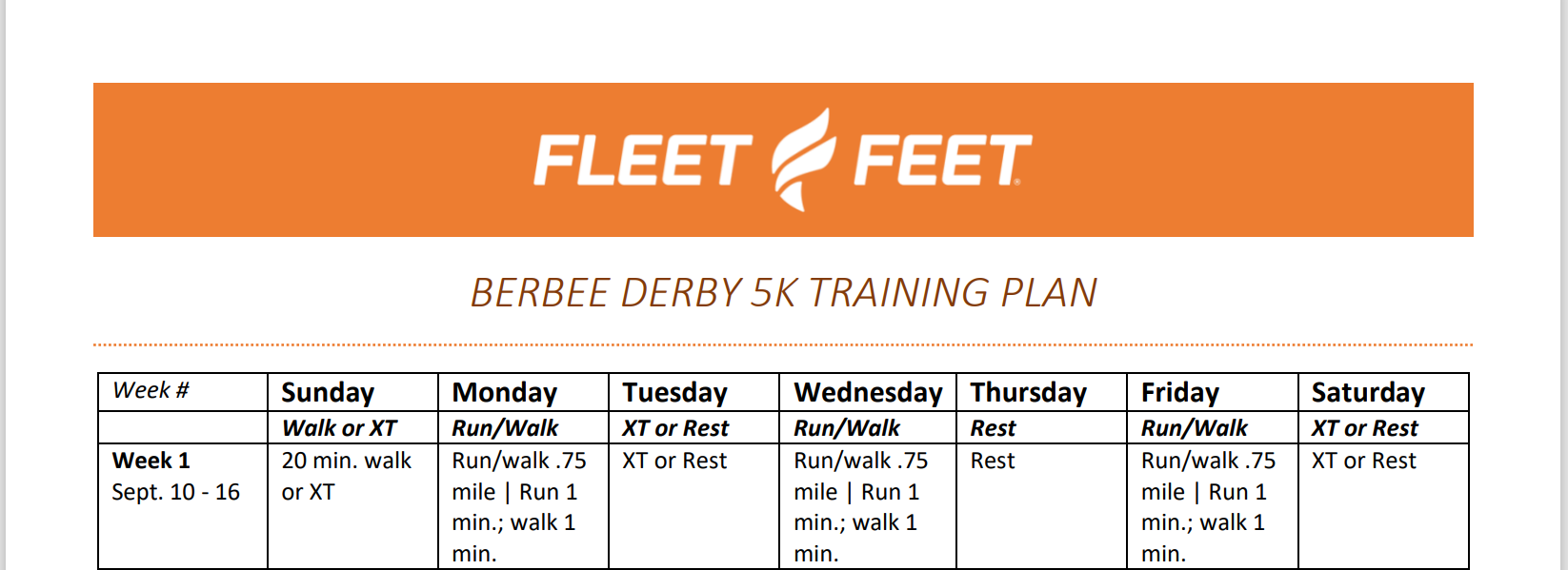 Fleet Feet Berbee Derby 5K Training Plan