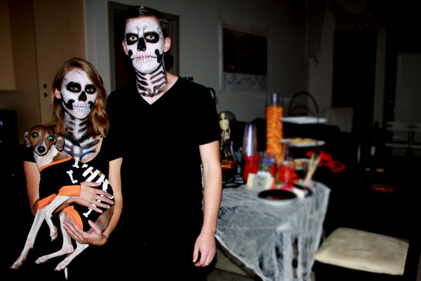 Eric, Ashley and Bella dressed as skeletons for Halloween