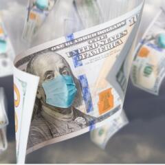 100 dollar bills with medical mask falling from sky
