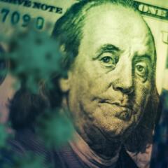 artistic shadowed rendering of Benjamin Franklin's face on the hundred dollar bill