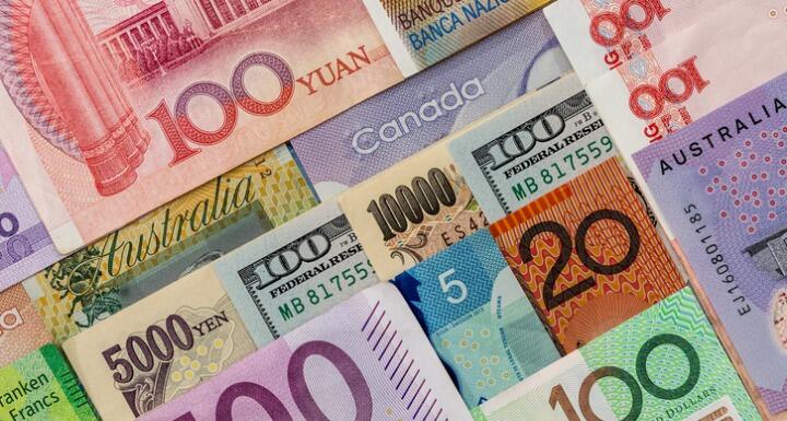 American Us Canadian Australian Dollar, Euro, Japanese Yen, and Chinese Yuan banknote