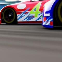 American stock cars racing in motion on racetrack 