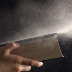 Boy blows dust off book.