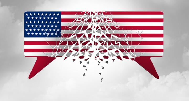 Disintegrating speech bubbles as US flags