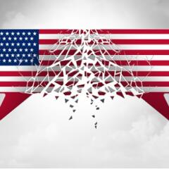 Disintegrating speech bubbles as US flags