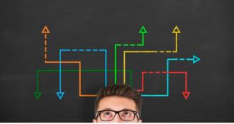 Man with glasses standing in front of blackboard with drawn chalk flowchart