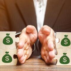 Businessman separating wooden puzzle pieces with images of money bags