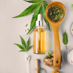 Hemp leaves and bottle of CBD oil 