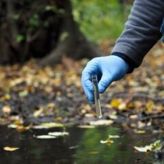 Gloved hand collecting water samples
