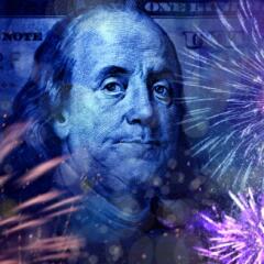 Close up American one hundred dollar bill and fireworks
