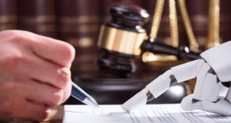 Close up of robotic hand assisting person filling forms with gavel and justice scales in background