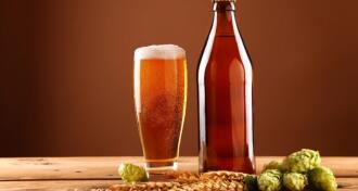 Close up beer glass, bottle, hops and barley
