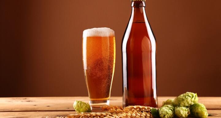 Close up beer glass, bottle, hops and barley 