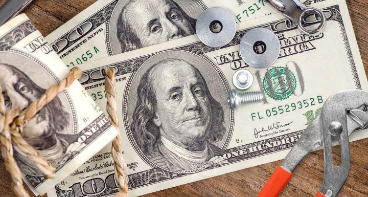 Close up bolts nuts and money