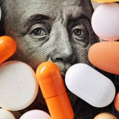 Colorful medical pills cover Benjamin Franklin's face on one hundred american dollar bill