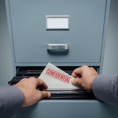 File labeled confidential being taken out of file cabinet