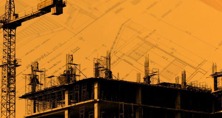 Construction site, silhouettes of workers