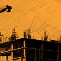 Construction site, silhouettes of workers