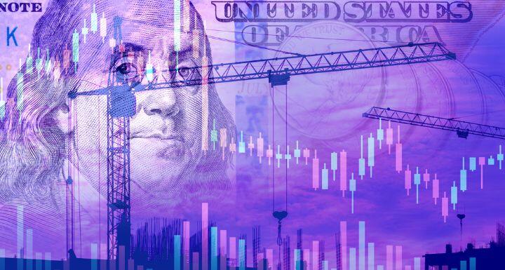 $100 bill and stock market chart superimposed over Construction site with Cranes