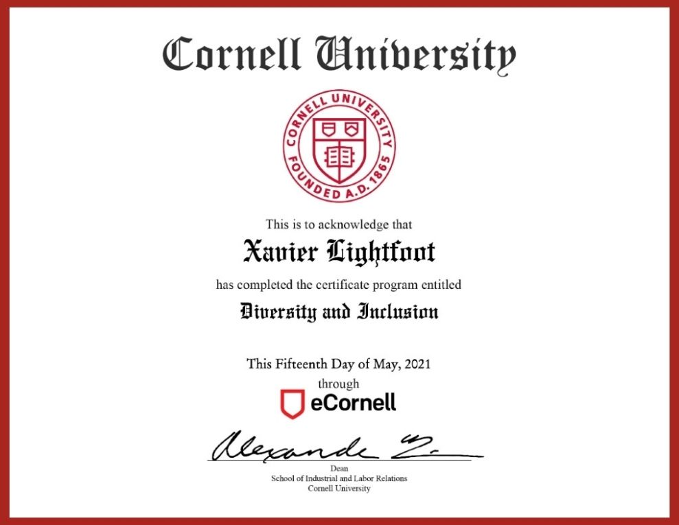 X Lightfoot Earns Diversity and Inclusion Certificate from Cornell