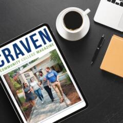 Cover of Craven Community College Magazine on a Tablet that sitting on a desk
