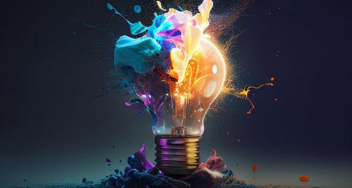 Creative light bulb explodes with colorful paint