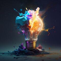 Creative light bulb explodes with colorful paint
