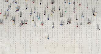 Crowd walking over binary code