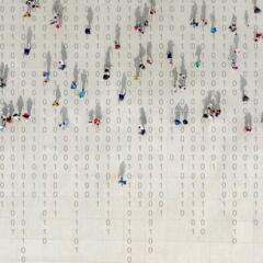 Crowd walking over binary code