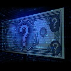 Illustration of digital cryptocurrency with dollar bill and question marks on a black background