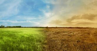Green and plush landscape side by side with a dry and barren landscape