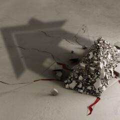 Digital generated debris behind solid house shadow with fractures 