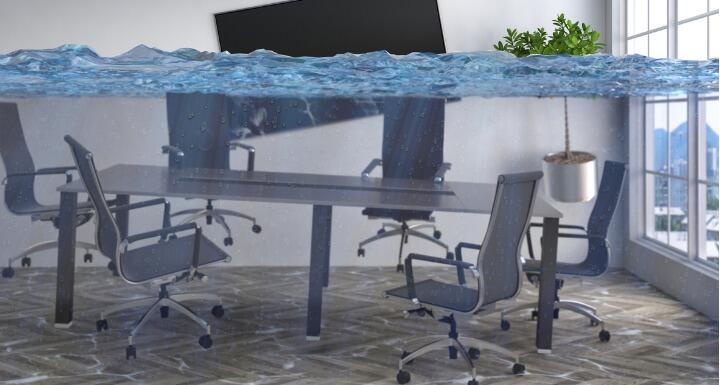 Office conference room table and chairs under water