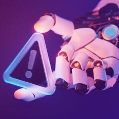 Robotic hand holding glowing warning sign