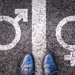 Female gender sign and male gender sign with line down the middle signifying gender divide