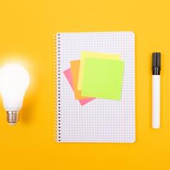 Glowing lightbulb with sticky notes on notepad and pen