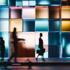 Glowing building with people in background