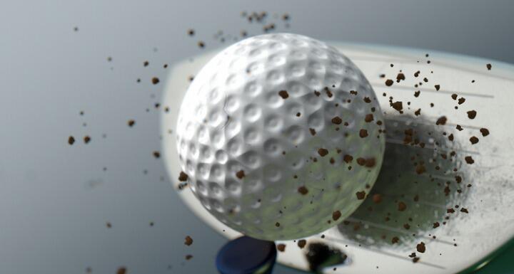 Golf ball and driver on gray background